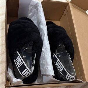 UGG Black Fluffy Slide Slippers